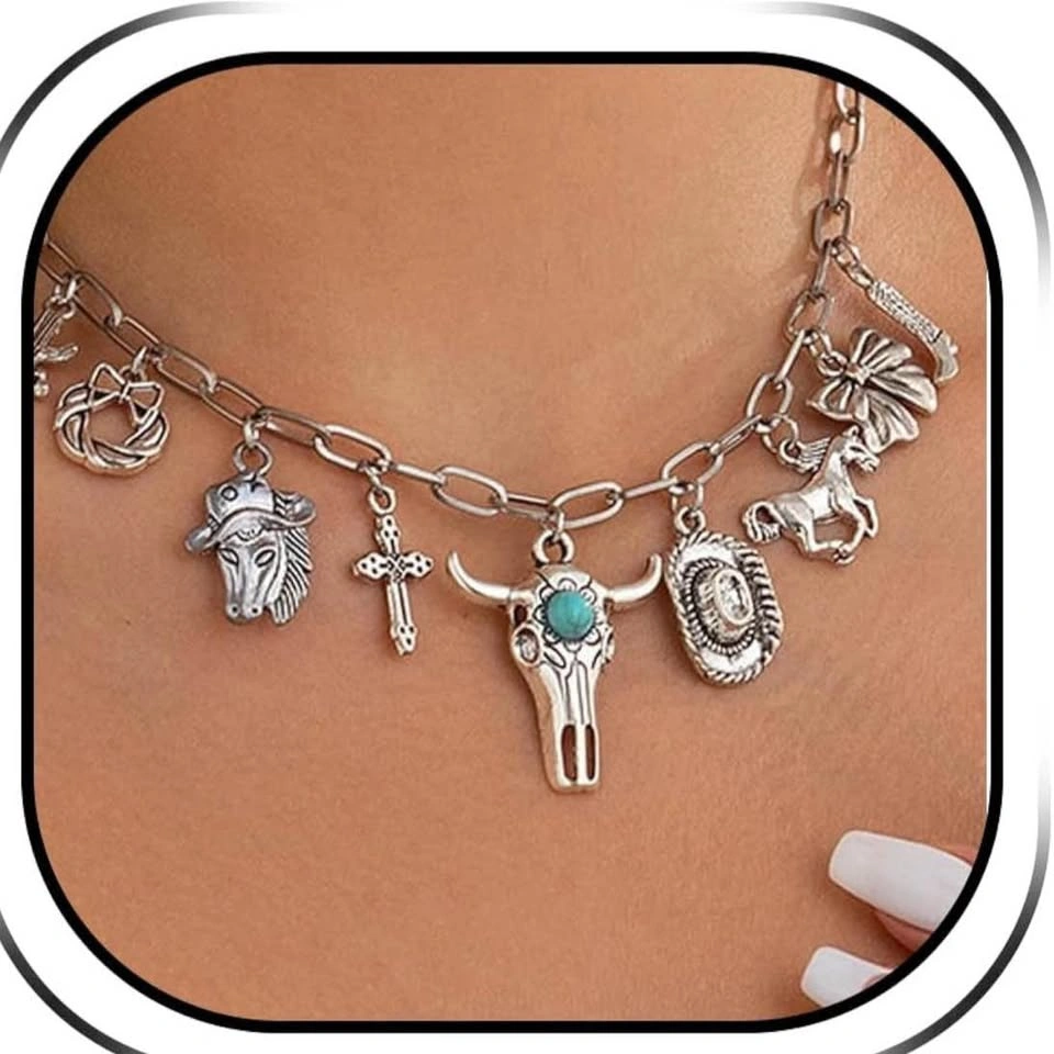Turquoise Bull Skull Western Charm Necklace - photo 5