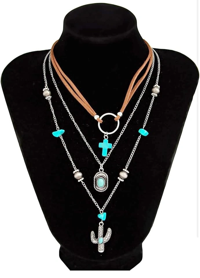 🌵 Layered Turquoise Cross & Cactus Western-Boho Necklace