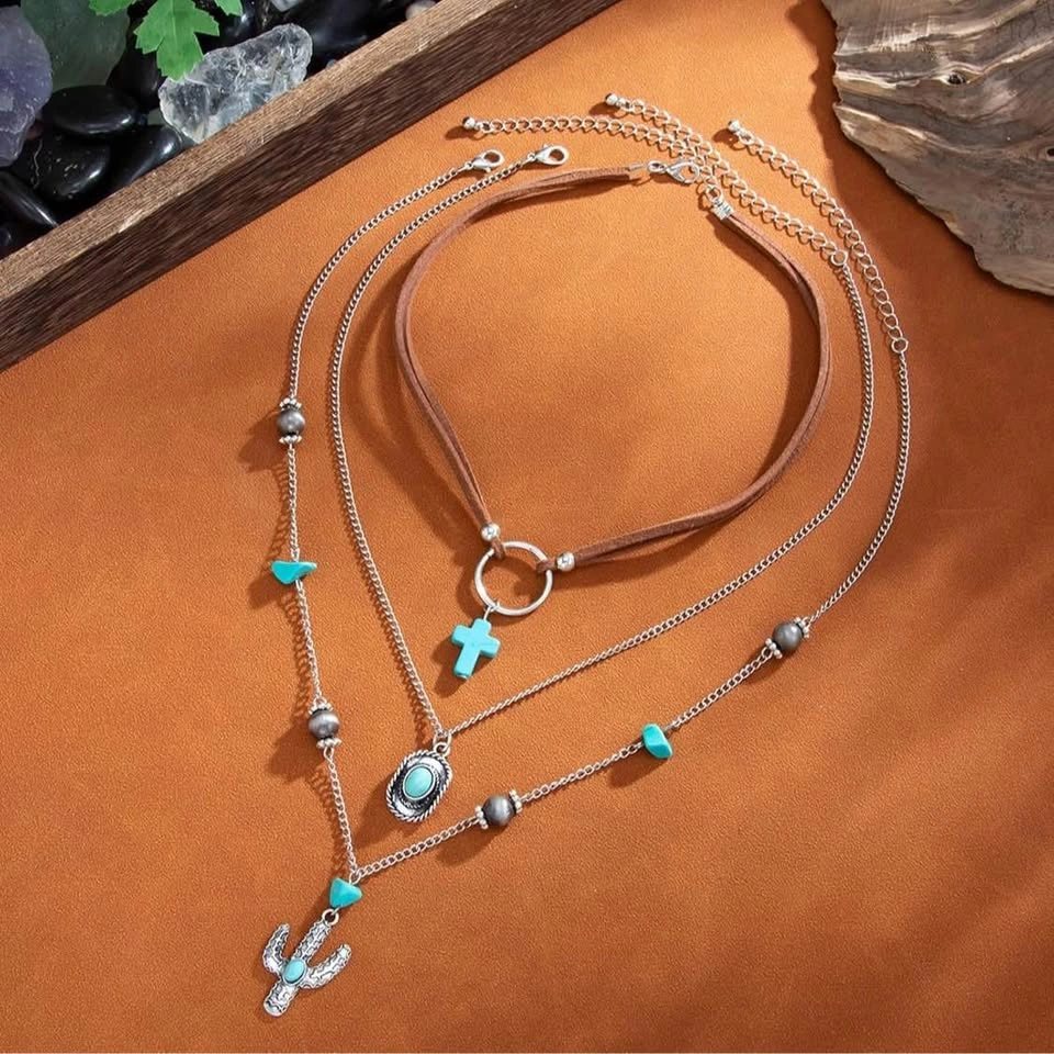 🌵 Layered Turquoise Cross & Cactus Western-Boho Necklace - photo 2