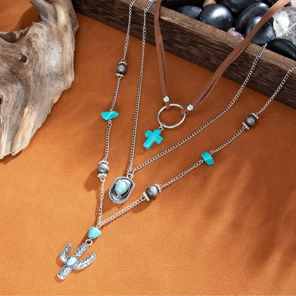 🌵 Layered Turquoise Cross & Cactus Western-Boho Necklace - photo 3