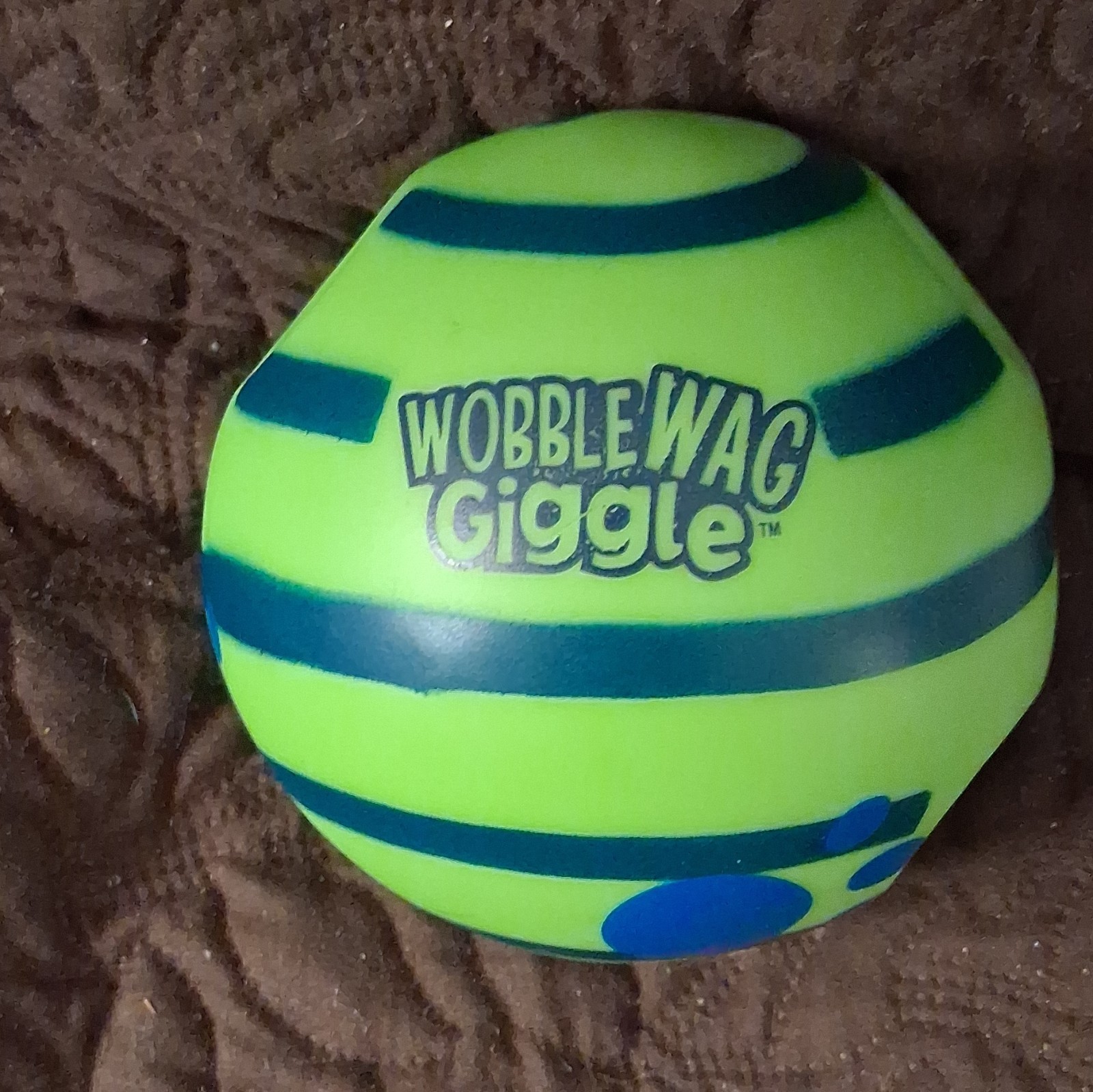 Wobble Wag Giggle Rubber Squeaky Dog Toy Ball, Green/Blue Stripe