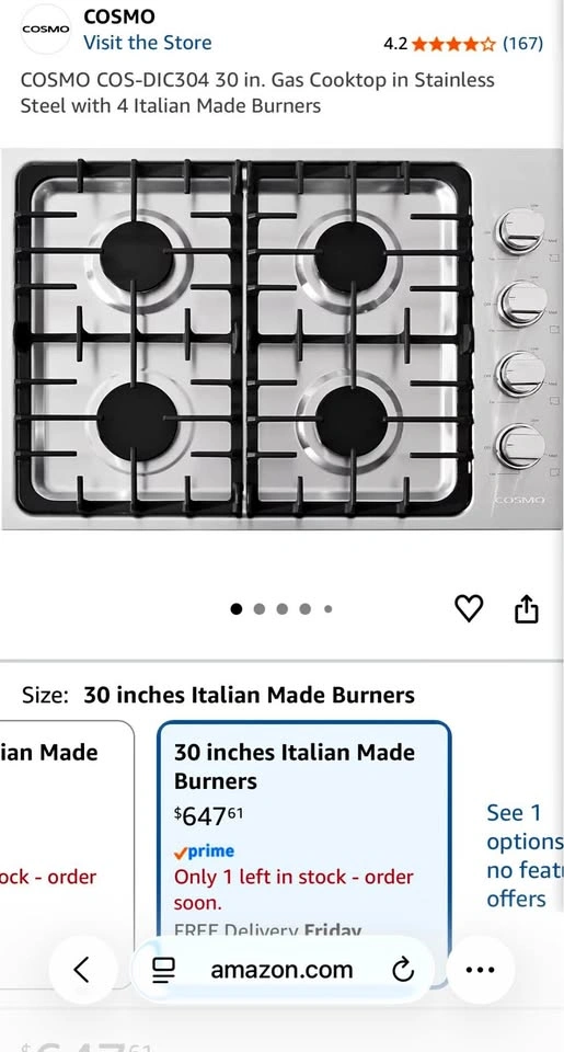 Cosmo 30" Stainless Steel Drop-In Gas Cooktop