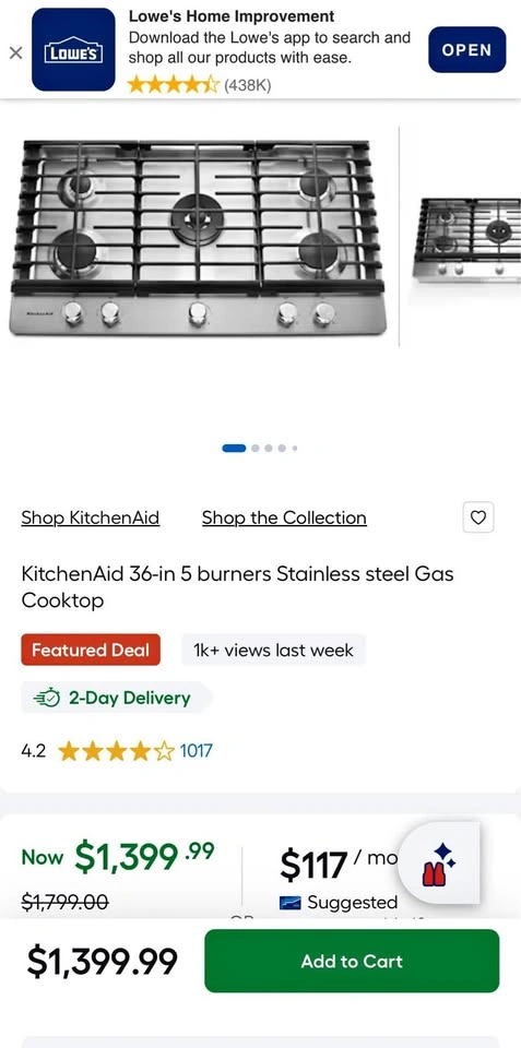 KitchenAid 36-Inch 5-Burner Gas Cooktop