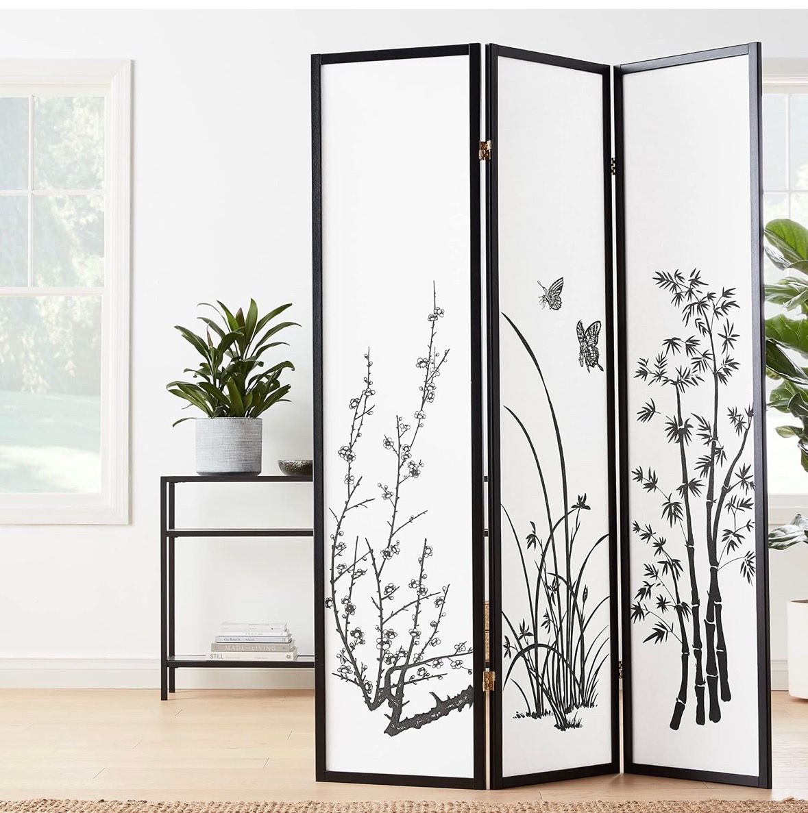 3-Panel Room Divider, Black & White - Set of 2