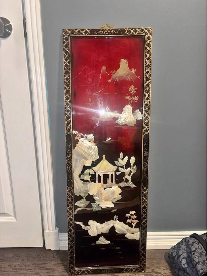 Vintage Asian Black Lacquer Mother-of-Pearl Wall Panel