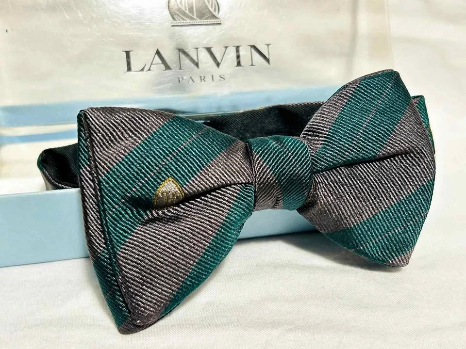 LANVIN Green Gray Striped Bow Tie