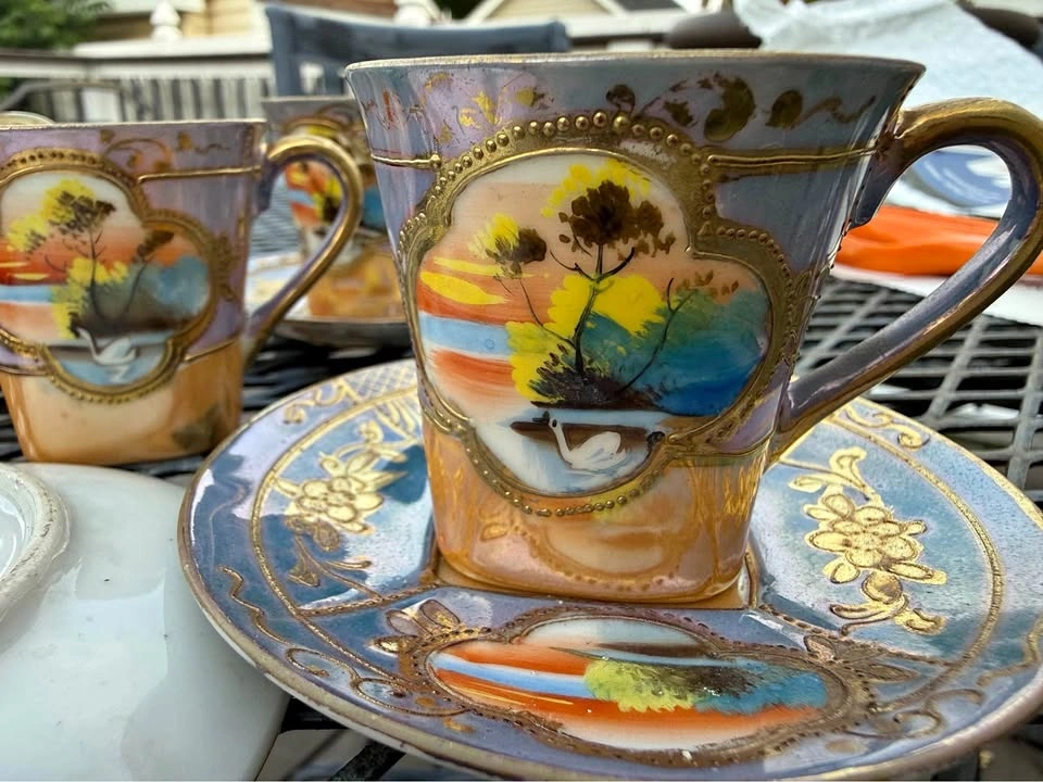 Vintage Hand Painted Taiwan Lusterware Teacup 10pc Set