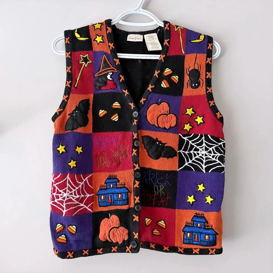 Vintage Knit Halloween Pumpkin Fall Vest Size Small