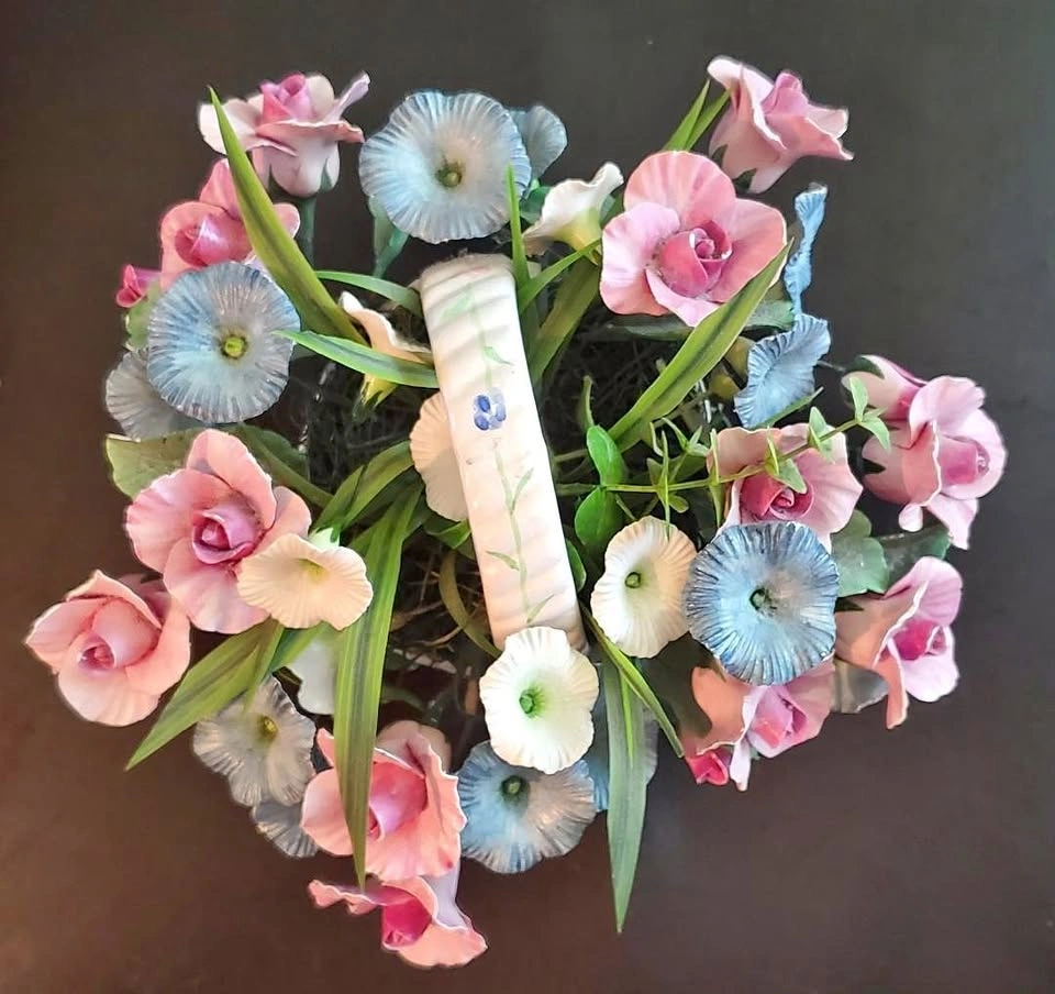 Vintage Porcelain Floral Basket Arrangement
