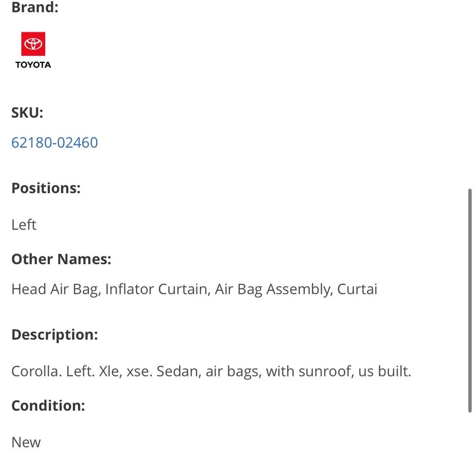 OEM Toyota Left Curtain Air Bag - Brand New - photo 5