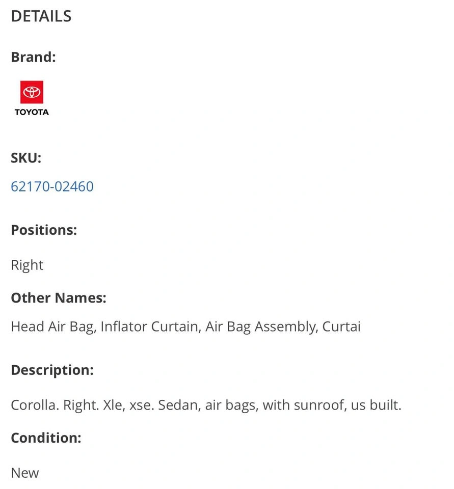 OEM Toyota Curtain Shield Airbag - Brand New. Right side - photo 5