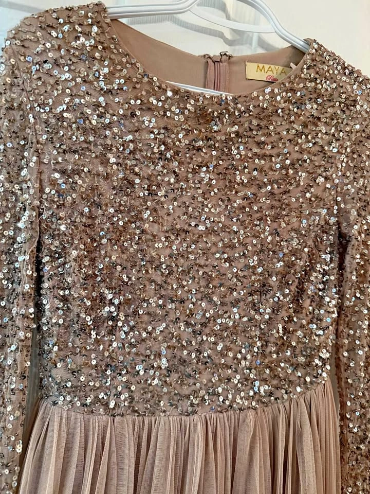 Maya Petite Rose Gold Sequin Long Sleeve Tulle Dress