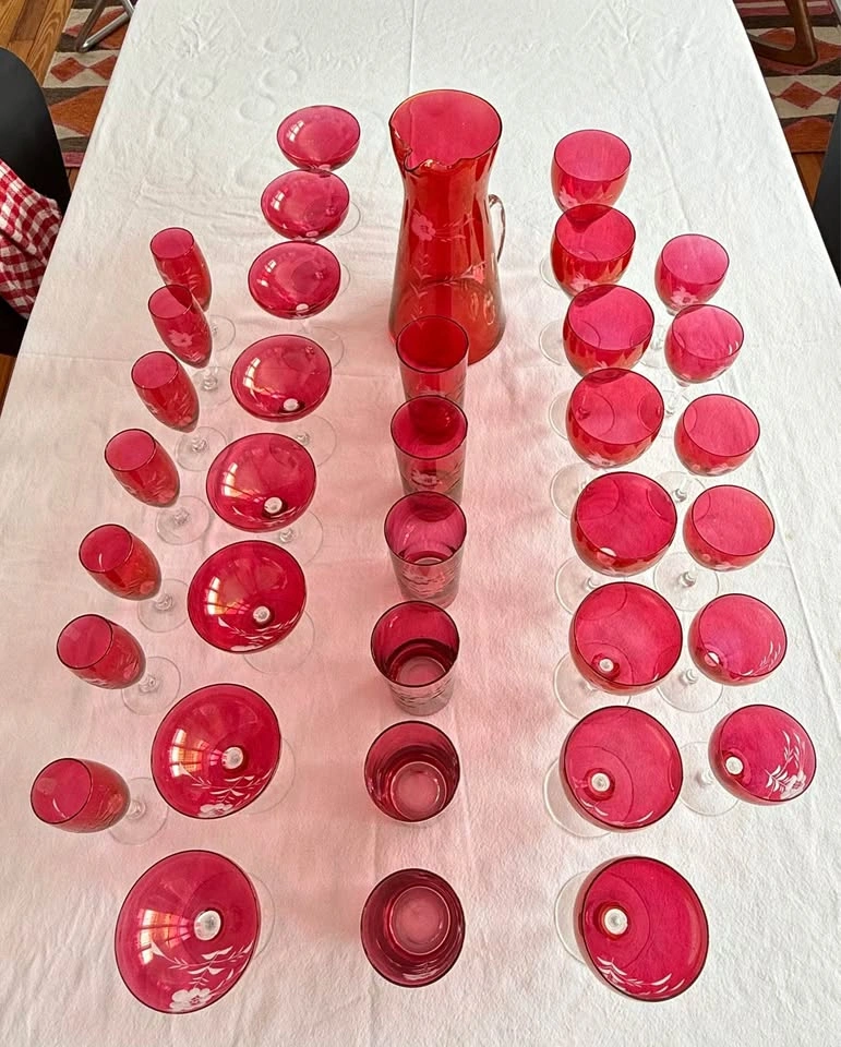Vtg. MCM Bohemian Etched Cranberry Flash Glassware 36pc Set