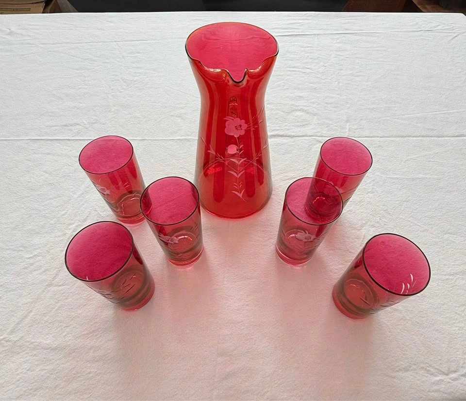 Vtg. MCM Bohemian Etched Cranberry Flash Glassware 36pc Set - photo 2