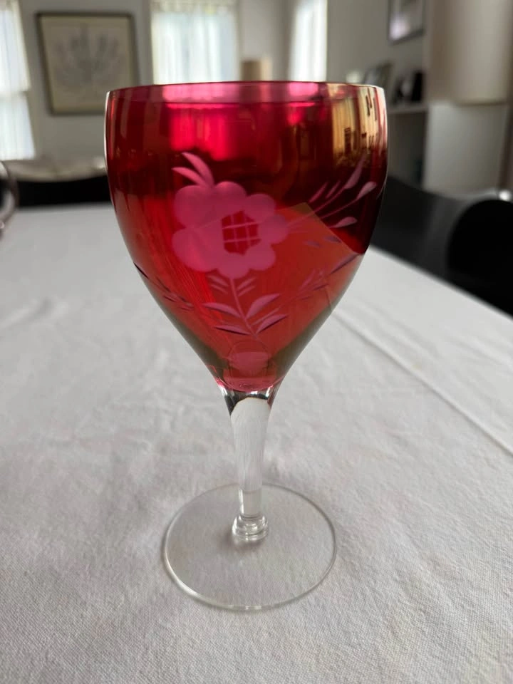 Vtg. MCM Bohemian Etched Cranberry Flash Glassware 36pc Set - photo 3