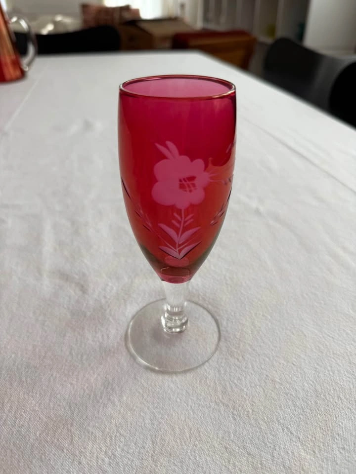 Vtg. MCM Bohemian Etched Cranberry Flash Glassware 36pc Set - photo 4