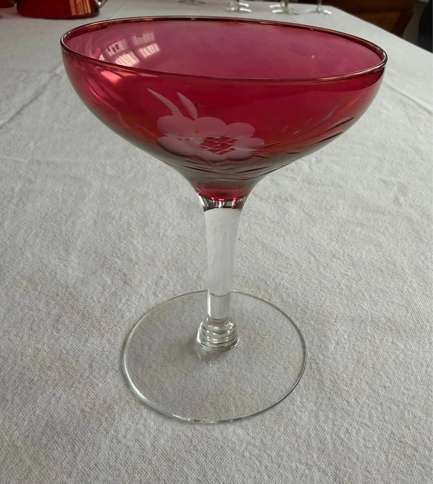 Vtg. MCM Bohemian Etched Cranberry Flash Glassware 36pc Set - photo 5