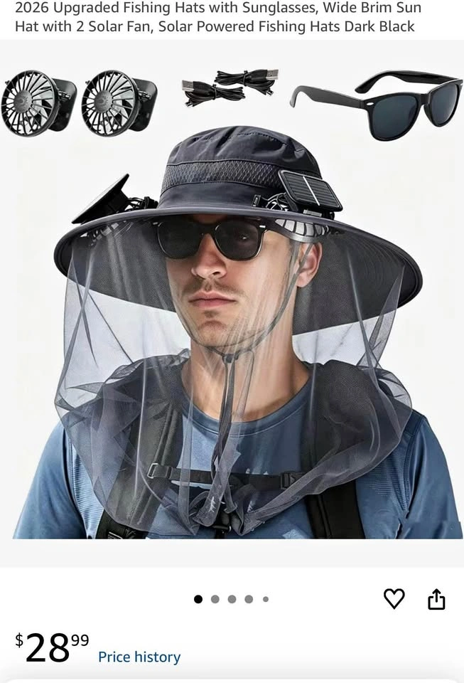 Solar Powered Fishing Hats with 2 Solar Fans and 1 Sunglasses