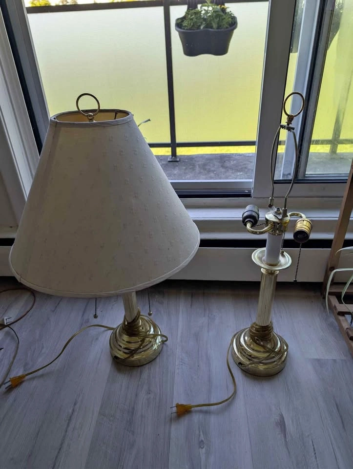Two table lamps, one missing shade