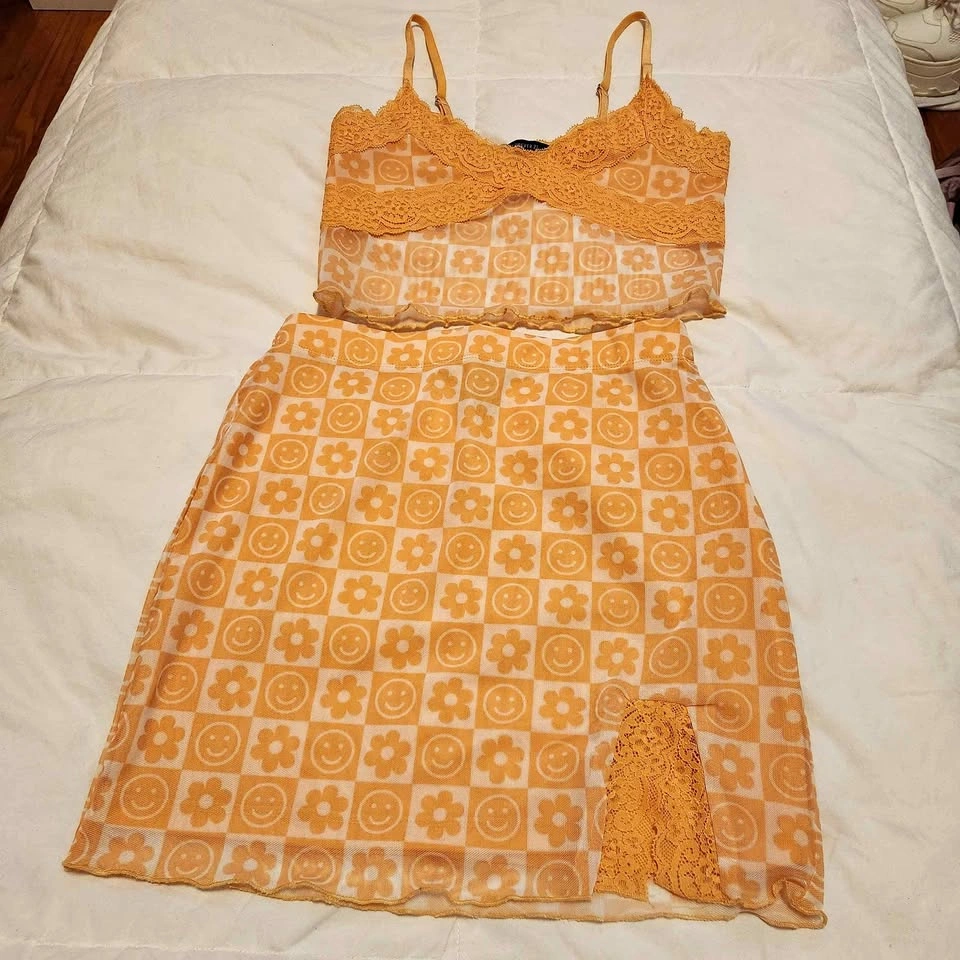 (XS) Orange Happyface Flower Semi-sheer Set