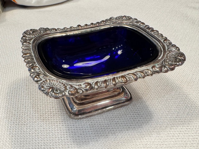 Silver Plated Dish with Cobalt Blue Glass Insert - photo 3