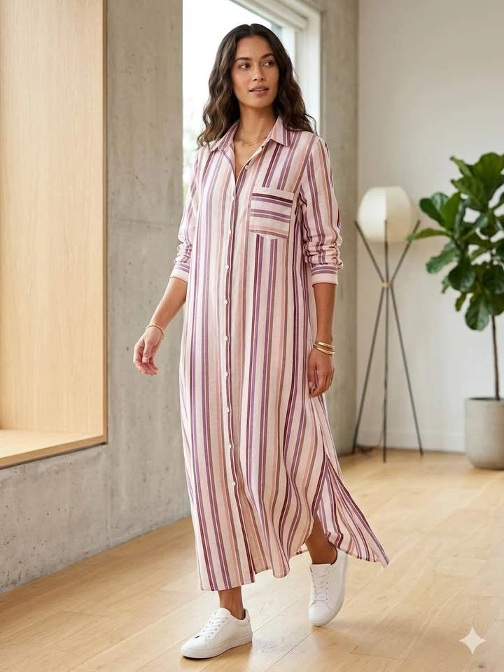 Striped Button-Down Shirt Dress - XL