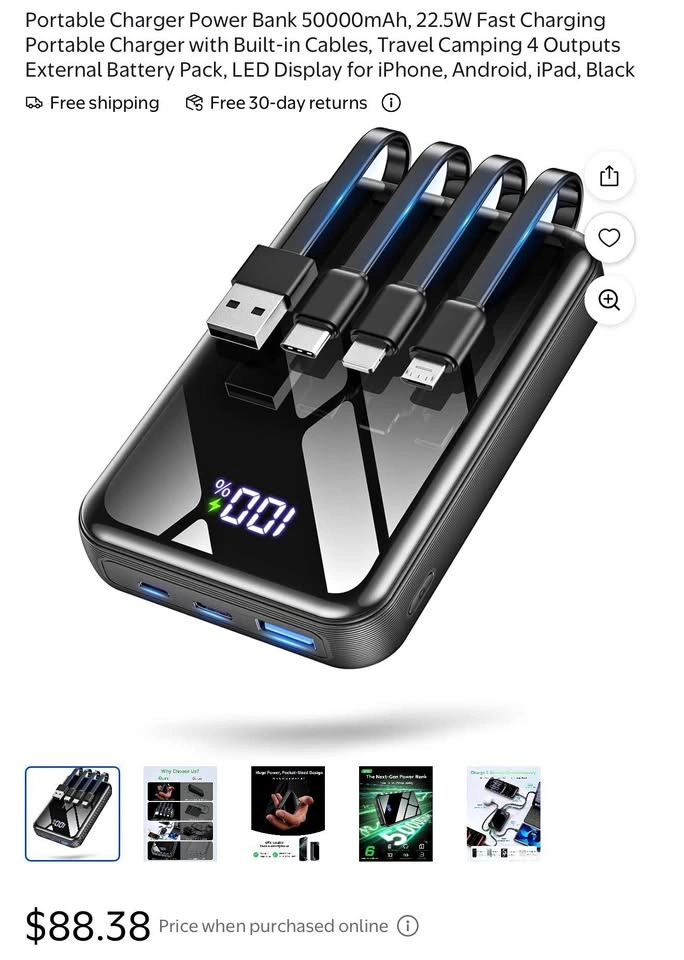 22.5W 50,000mAh Power Bank with Built-in USB-Cable