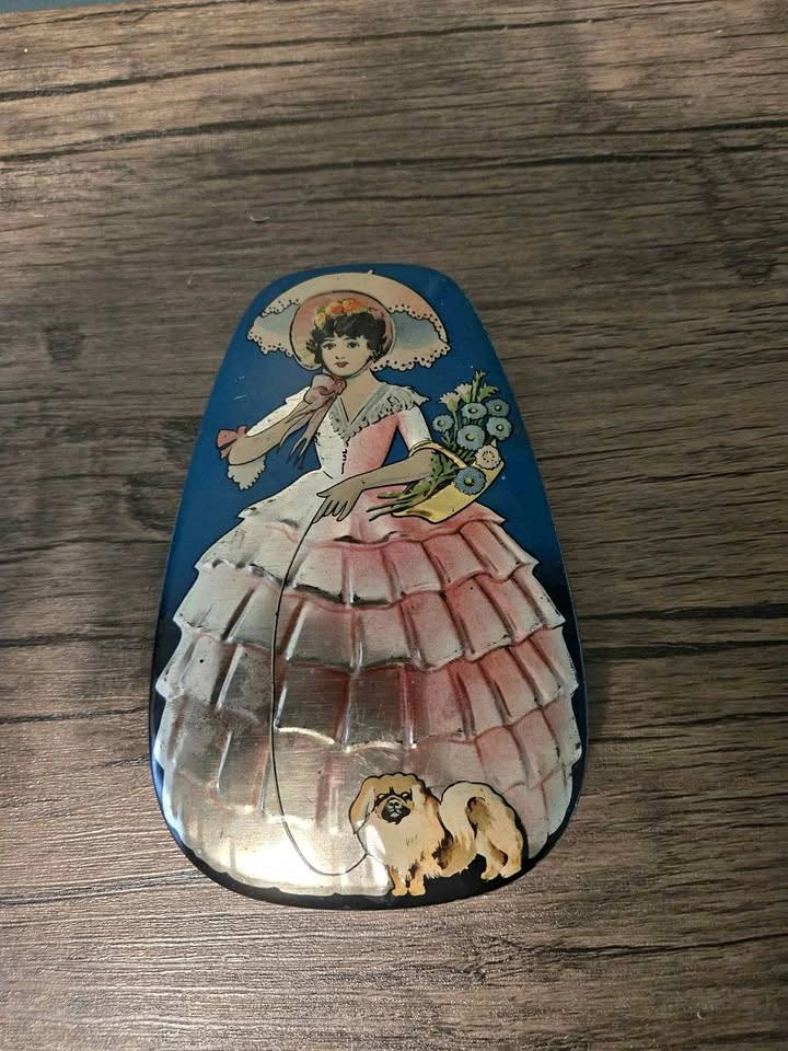 Vintage Metal Trinket Tin with Victorian Lady and Dog