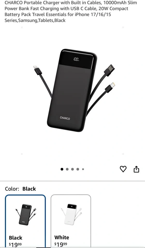 New 10,000mAh 20W Power Bank Charger with Built-in Cables