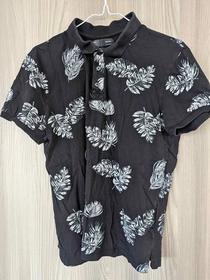 Bershka Men's Tropical Leaf Print Polo Shirt - Good Condition -