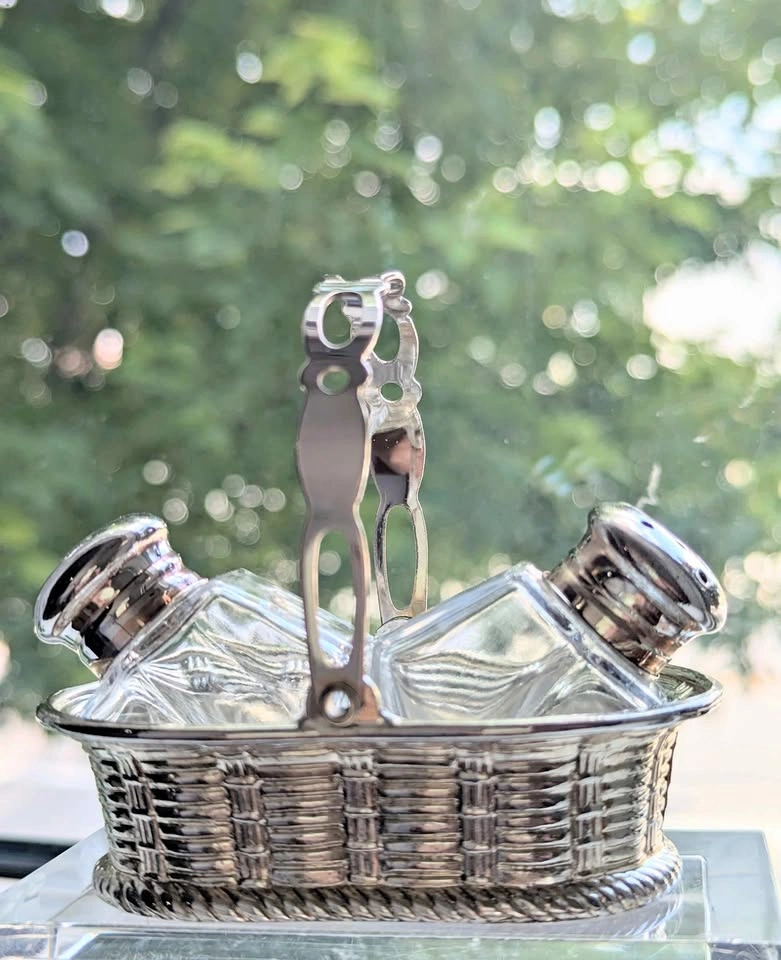 Vintage Silver Plated Zinc Salt and Pepper Shaker Set with Baske