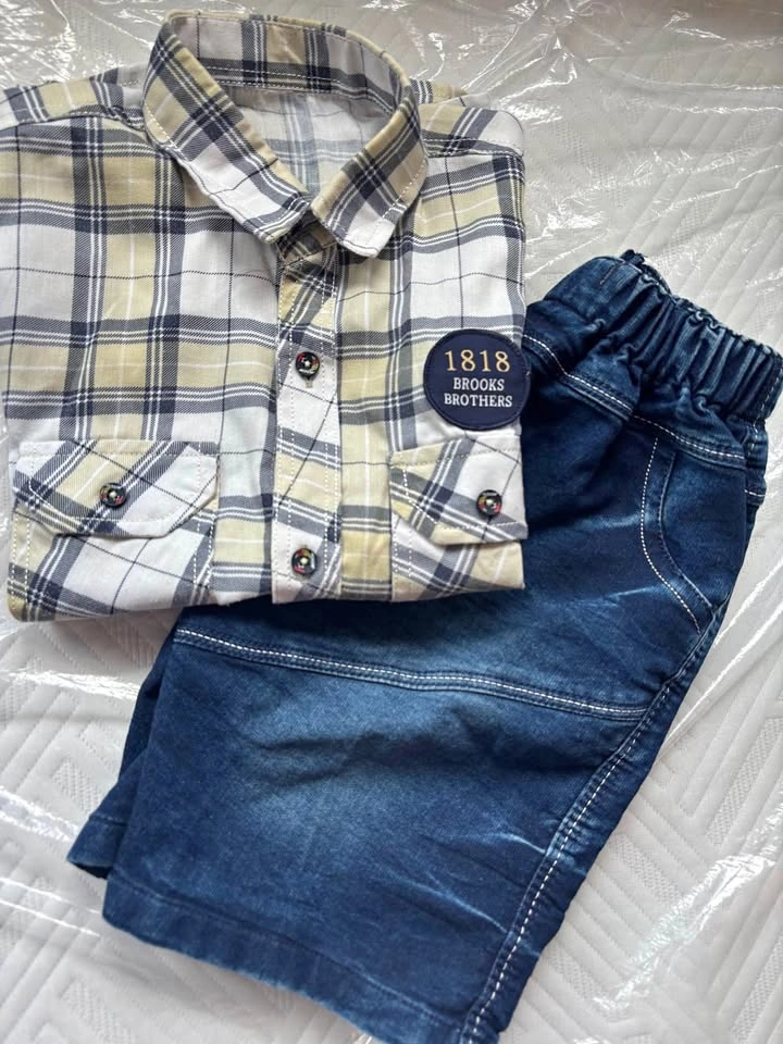 Brooks Brothers Boys Plaid Shirt and Denim Shorts Set