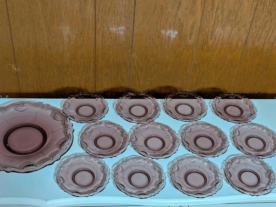 Amethyst Depression Glass Platter and 12 Plate Set