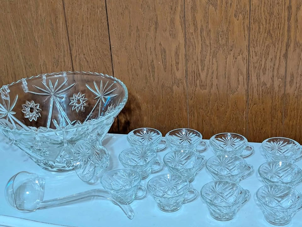 Vintage Pressed Glass Punch Bowl Set with 13 Cups and Ladle
