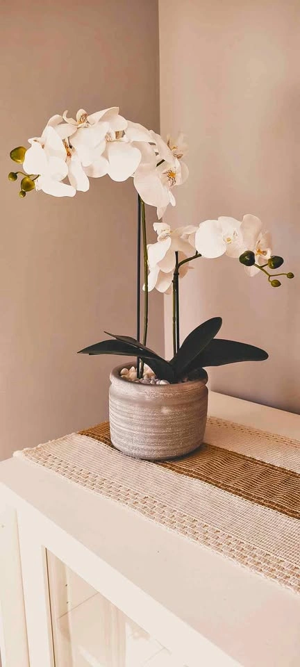 Artificial White Orchid in Stone Pot