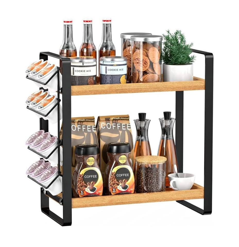New 2-Tier Wood and Metal Coffee Station Organizer