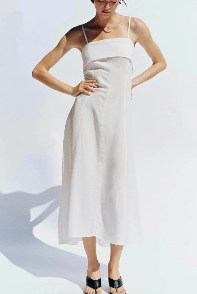 White LINEN-BLEND STRAPPY DRESS + Free Tank Top