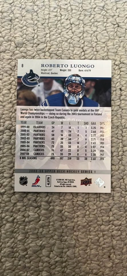 Roberto Luongo #8 2008 Upper Deck Hockey Card - photo 2