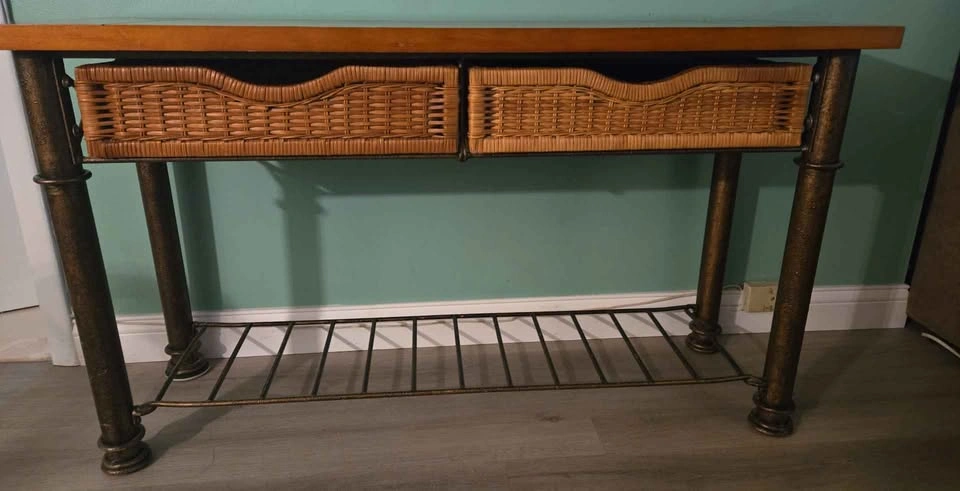 Wood and Metal Console Table with Wicker Baskets - photo 2