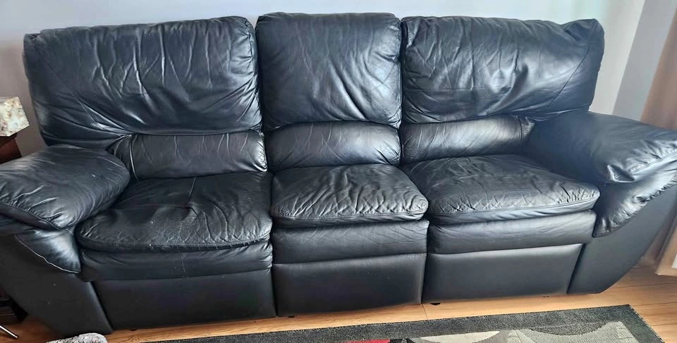 7'6 L x 3' H Black Leather Sofa with Two Manual Recliners