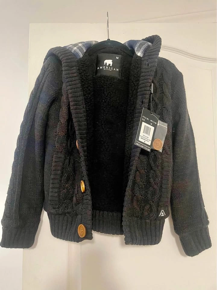 NWT American Stitch Black Cable-Knit Sherpa Hoodie Cardigan