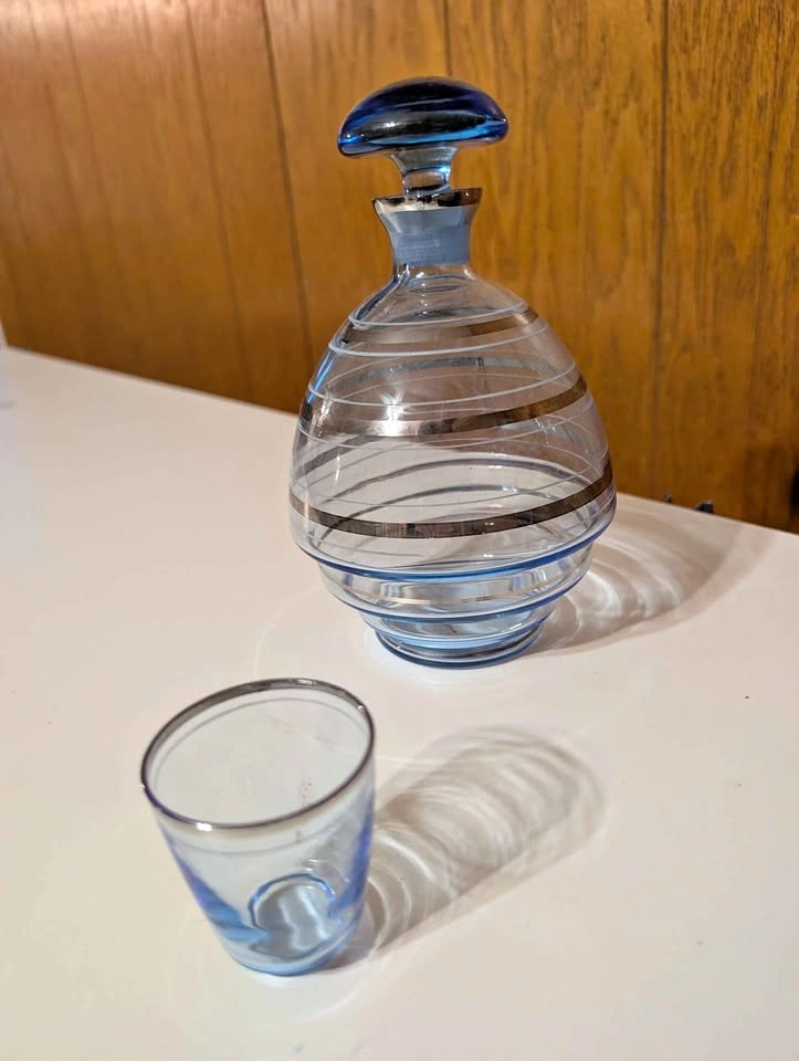 Vintage Blue Glass Decanter with Silver Stripes and Shot Glass