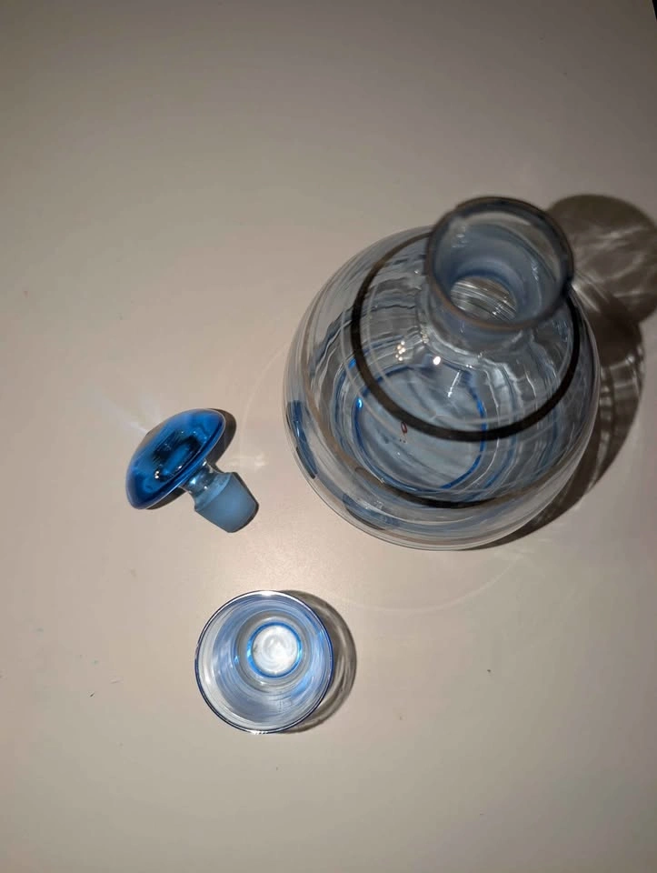 Vintage Blue Glass Decanter with Silver Stripes and Shot Glass - photo 2