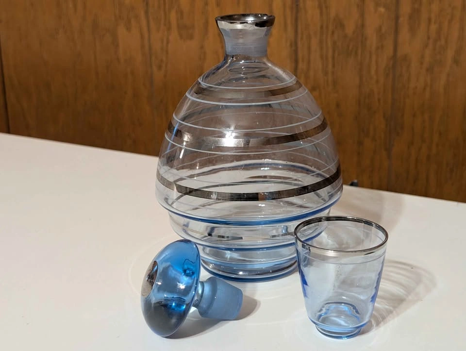 Vintage Blue Glass Decanter with Silver Stripes and Shot Glass - photo 3