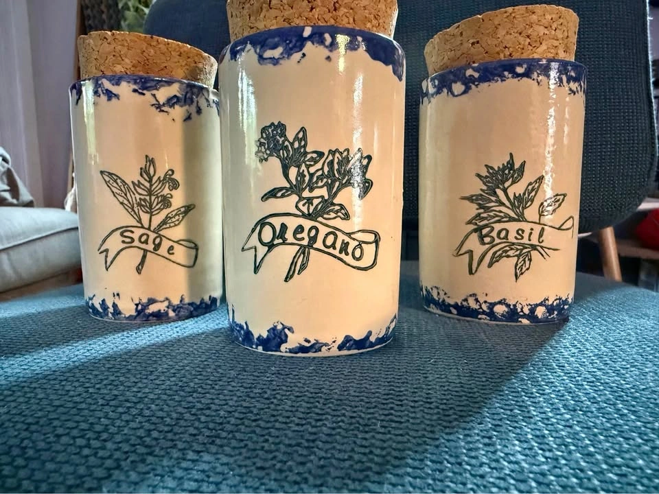 Vintage Brothers Potteries hand-painted Herb Canisters