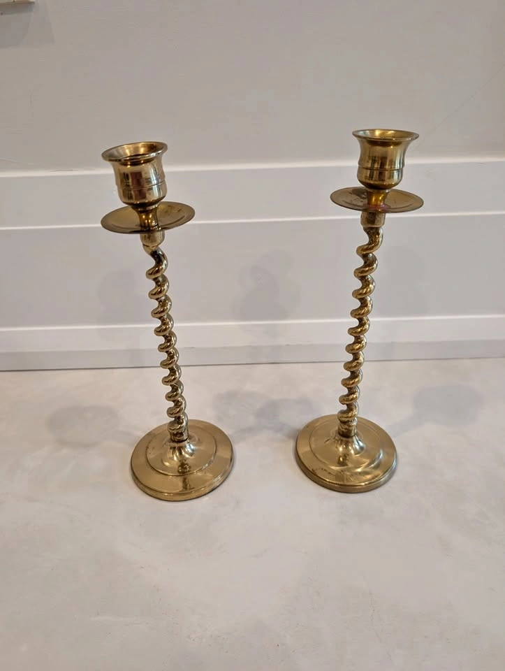 Vintage Solid Brass Barley Twist Candlestick Holders - Matching