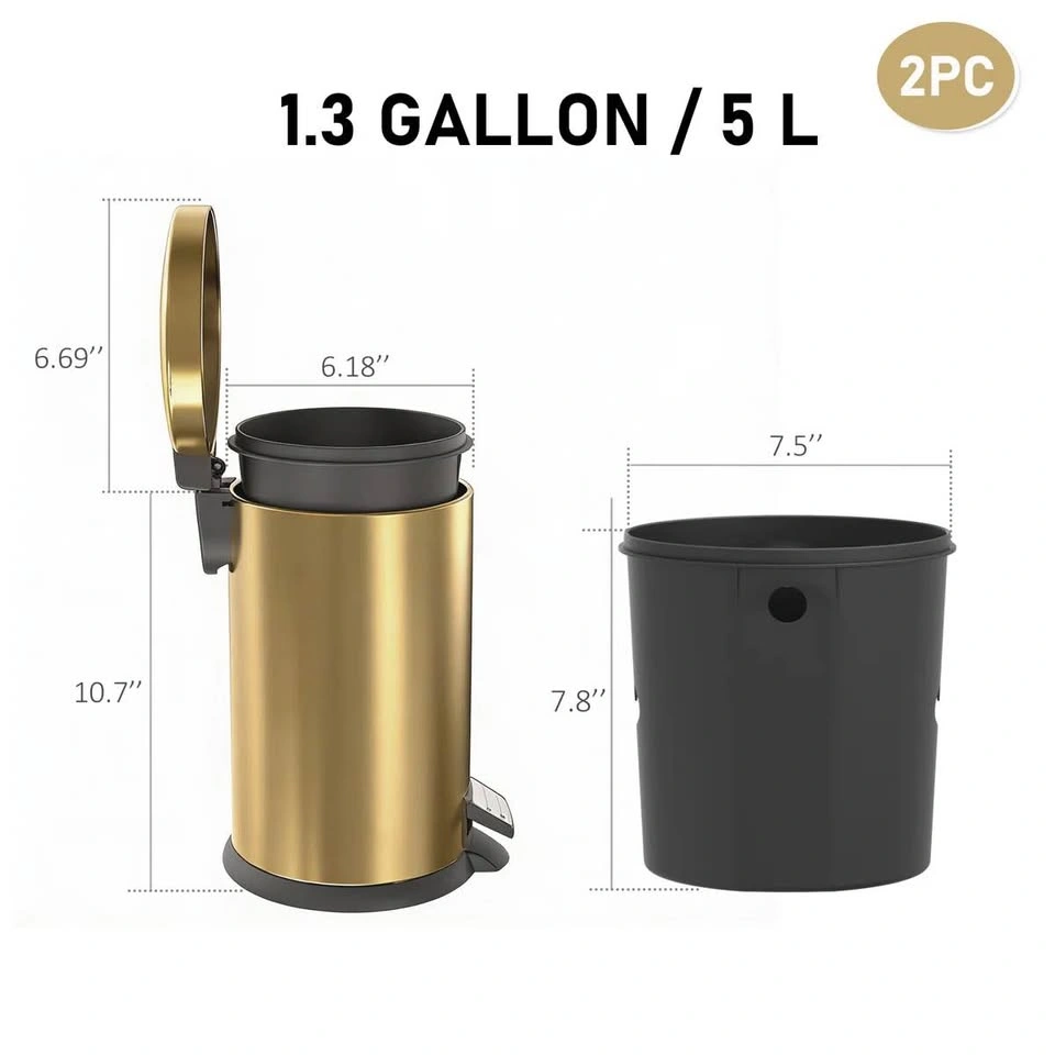 2-Piece 5L Stainless Steel Oval Gold Trash Can Set - photo 3