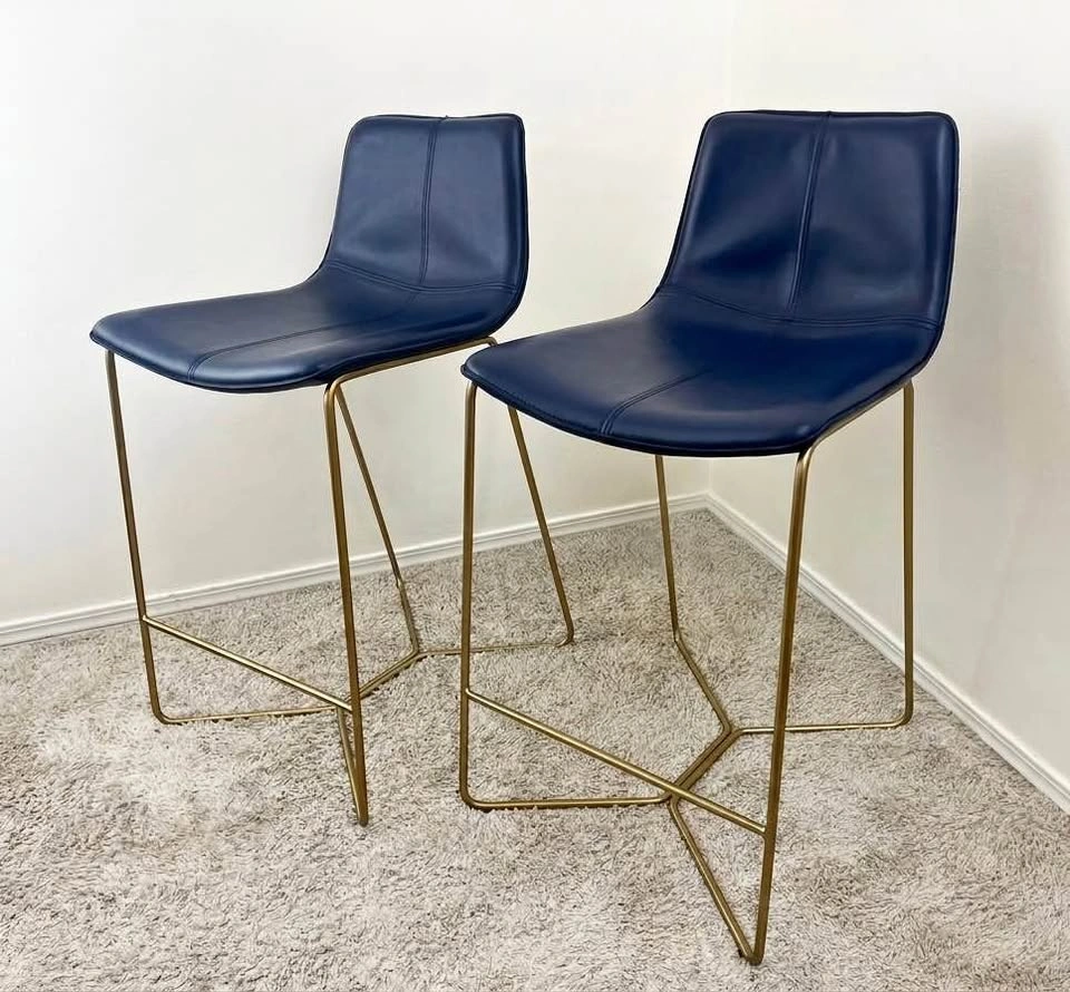 West Elm Slope Counter Stools – Set of 2 – Blue Leather