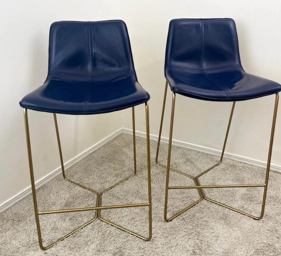 West Elm Slope Counter Stools – Set of 2 – Blue Leather - photo 2