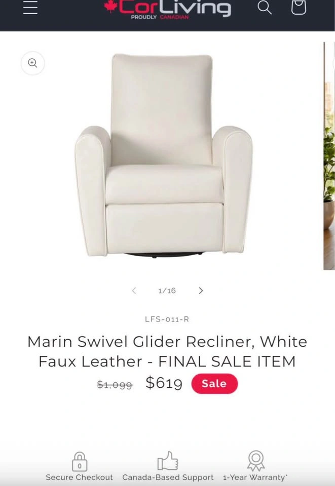 CorLiving Marin Swivel Glider Recliner in Faux Leather - White - photo 3